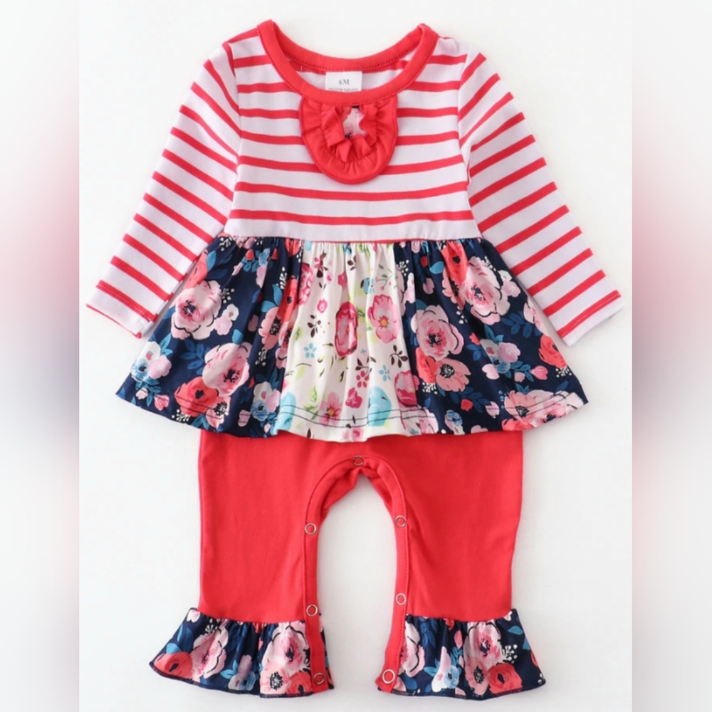 Striped Floral Romper | Red & Navy | NWOT | 12M